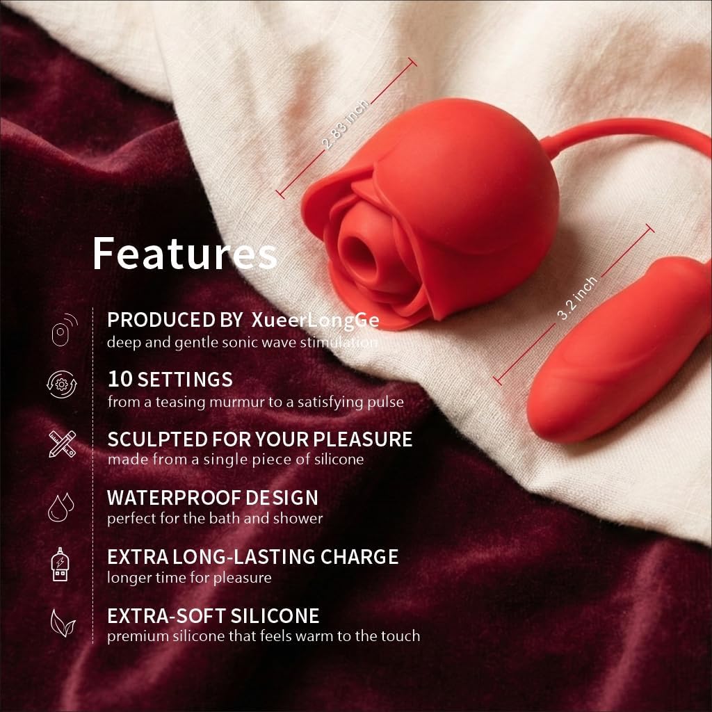 Rose Clit Sucker with Vibrator Bullet for Women - Double Bullet Vibrator with 10 Powerful Suction & Vibrating Modes, for Nipple Clitoral and Anal, Rose Sex Toy for Sex Novelties Women and Couples.