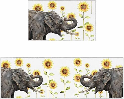 SEVENBABU Kitchen Mat and Rug Set of 2 Non Slip Floor Mats Happy Elephant Sunflower Watercolor Background Absorbent Rug Set Sink Kitchen Mats
