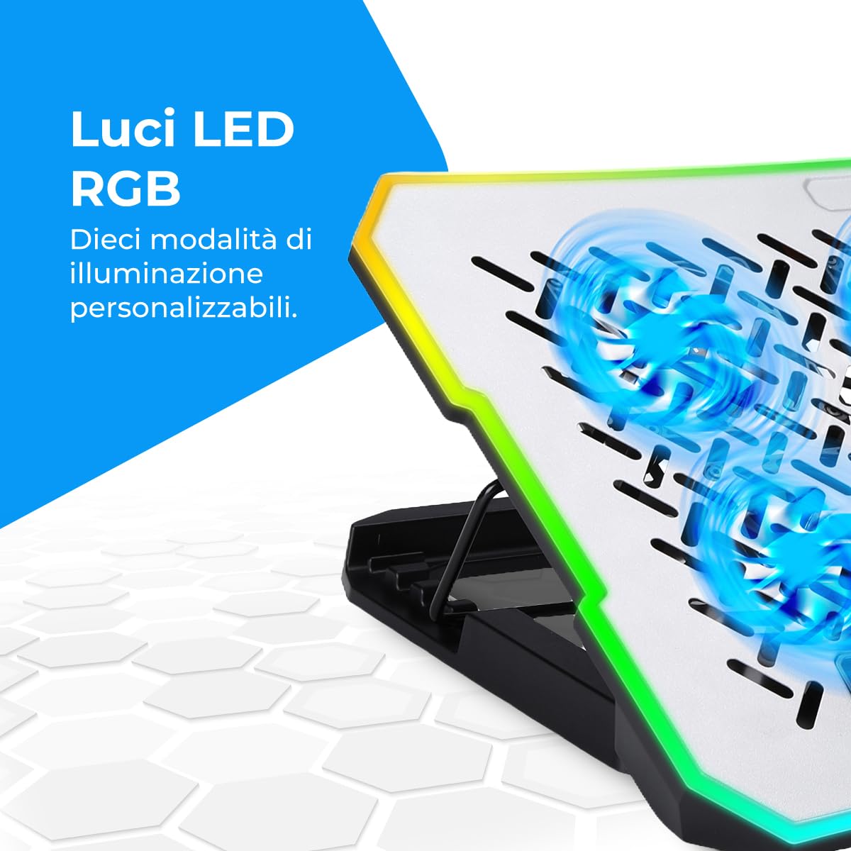 NK Base di raffreddamento portatile 17" LED RGB 6 ventole silenziose velocità regolabili 4 altezze regolabili USB telefono holder