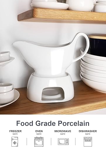 Miniatura 4 de Nucookery - Salsera grande de 17onzas con bandeja y asa ergonómica - Salsera blanca de porcelana fina con pico antigoteo para gravy, salsa, aliño de