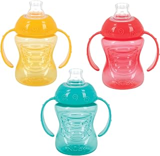 Nuby 3 Pack Spill Proof Toddler Sippy Cups with Handles - No Spill Cups for 1-3 Year Olds, Easy Grip Aqua Yellow Coral