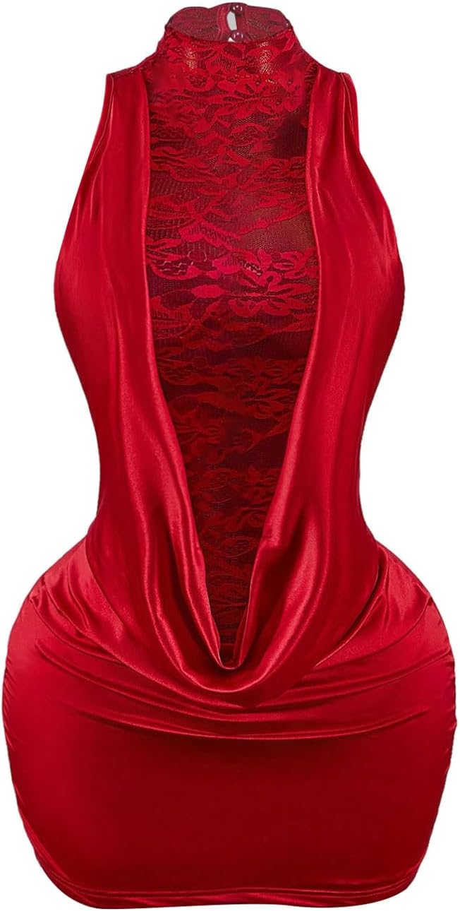Milumia Women's Sexy Lace Mock Neck Bodycon Mini Dress Draped Sleeveless Short Party Dresses