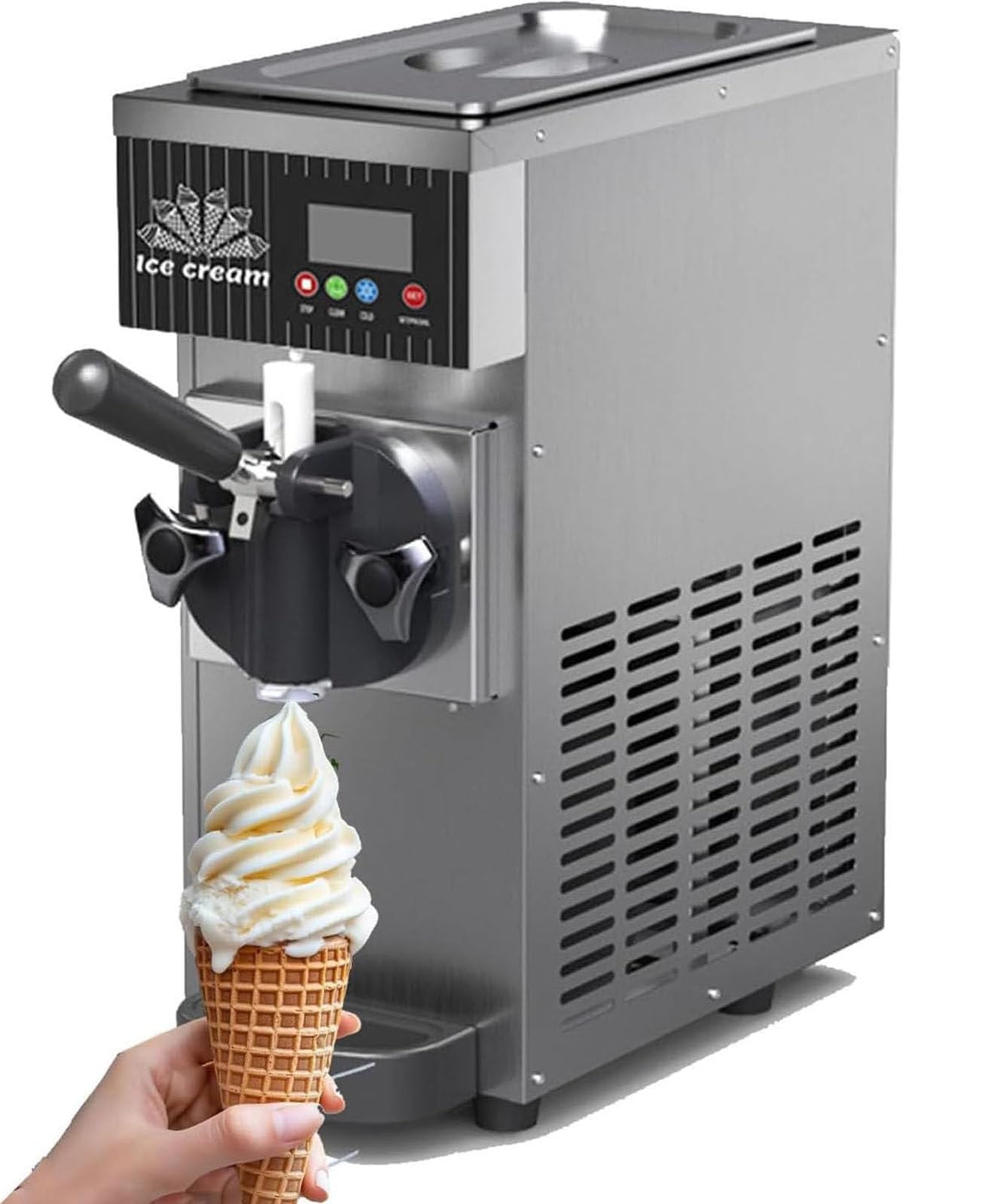 Drmoxin Commercial Soft Serve Maker, Tabletop Ice Cream Freezer with 2.5L Material Tank, One-Touch Auto Clean, Smart LED Panel & adjustable hardness set-tings for Snack Bars & Events Stainlesssteel