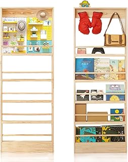 morimoe Wooden Kids Bookshelf, Wall Mount Shelf with Hooks, Organizer for Toys and Books, Space-Saving
