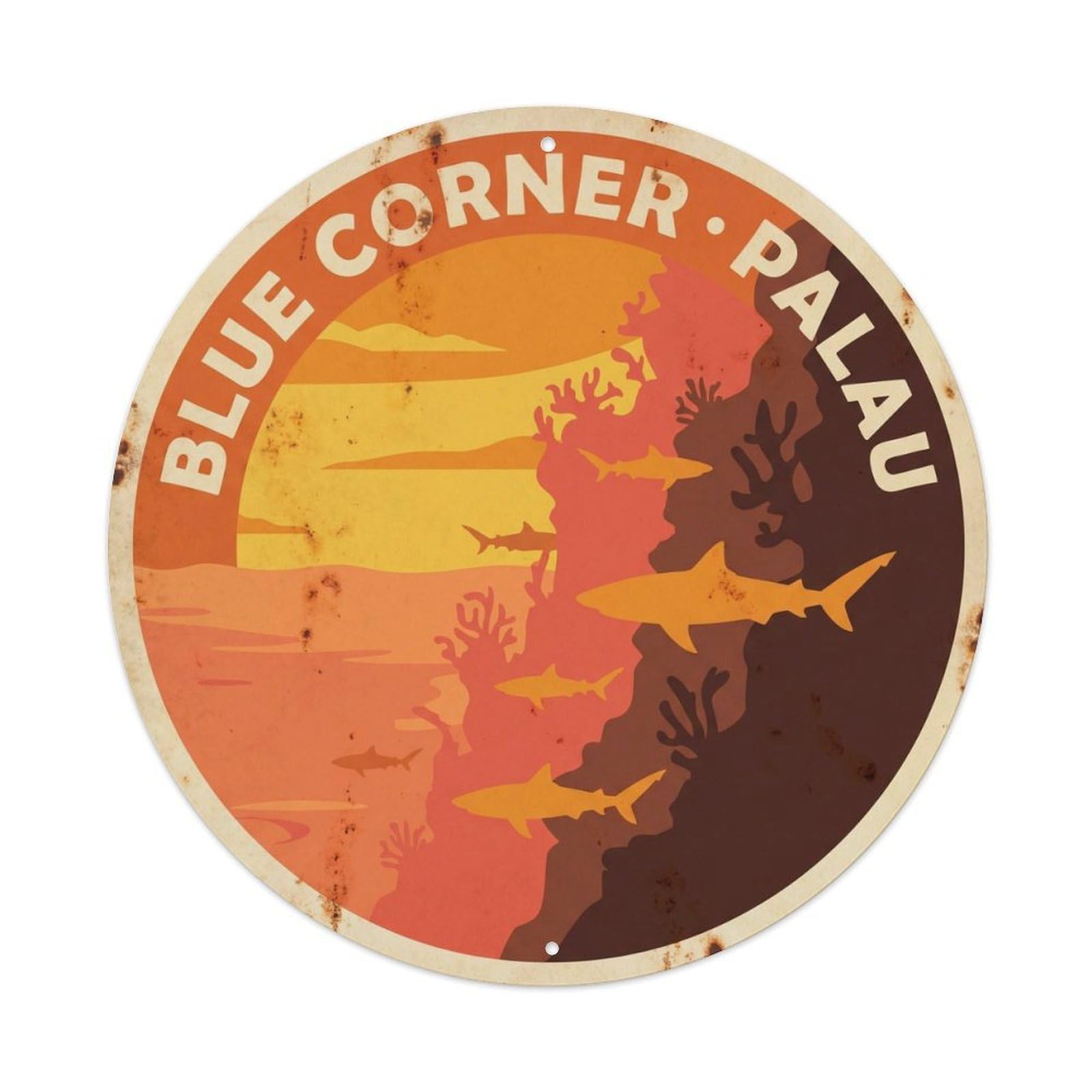 Olyhtr 8X8inch Classic Style Reef Palau Blue Corner Sunset Orange Vintage Metal Tin Sign