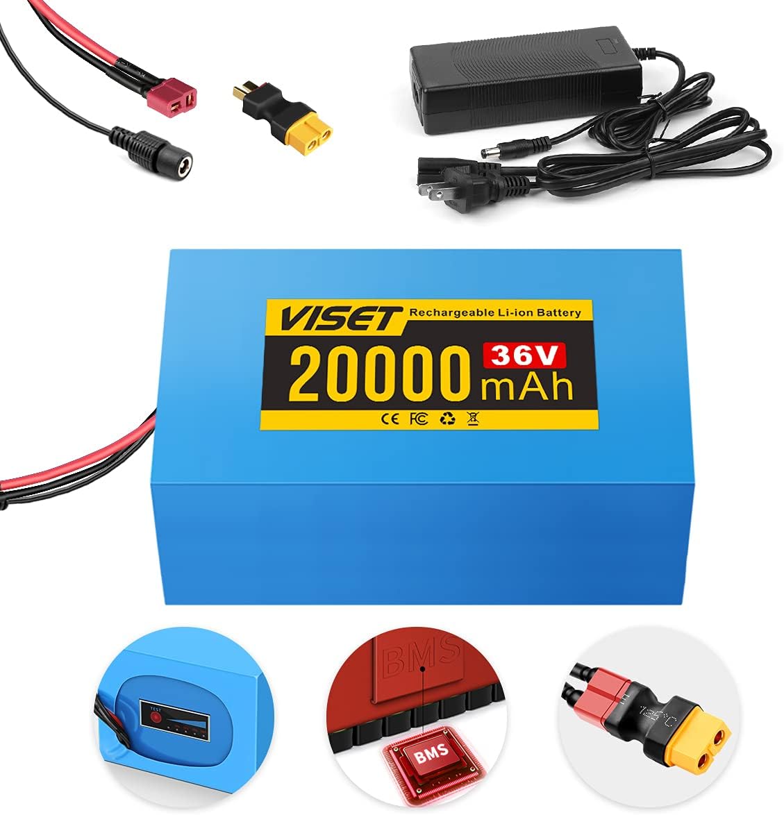 VISET 48V/36V/24V Ebike Battery 10AH 14AH 20AH 30AH Electrical Battery Lithium with BMS, Suitable with E-Bikes, Scooters, ATVs, Bikes and Extra, for 100-1000W Motor