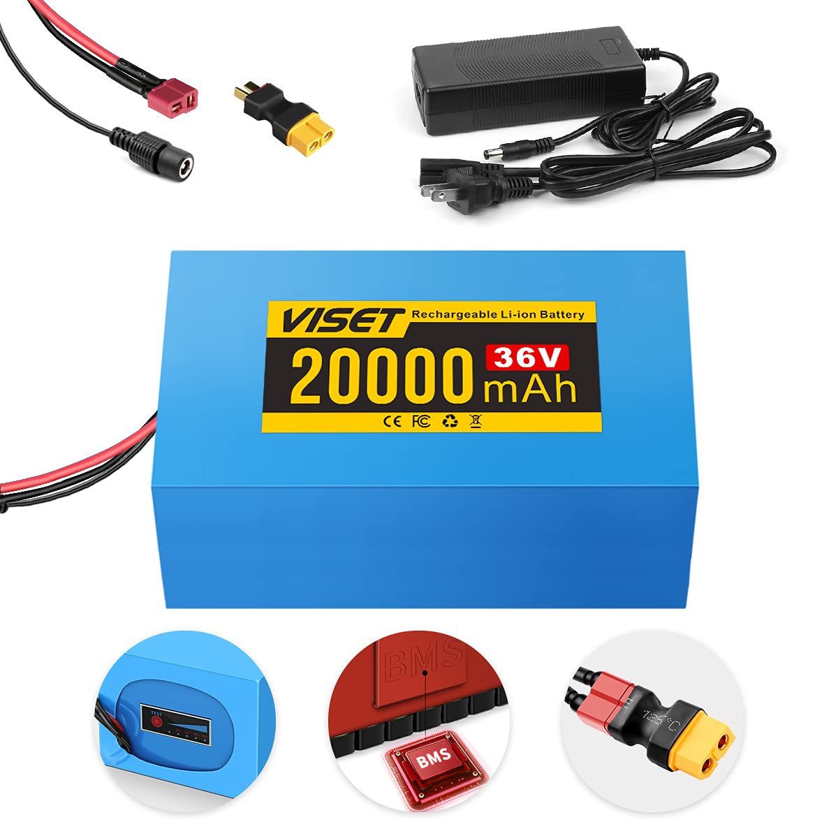 VISET 48V/36V/24V Ebike Battery 10AH 14AH 20AH 30AH Electric Battery Lithium with BMS, Compatible with E-Bikes, Scooters, ATVs, Motorcycles and More, for 100-1000W Motor