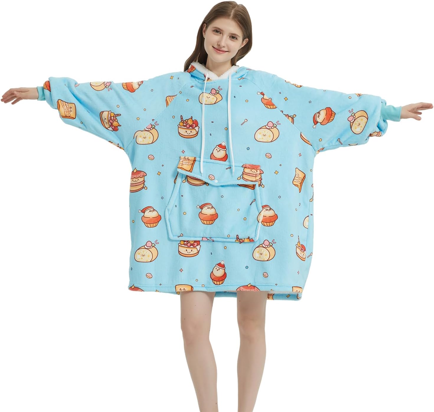 Qeils Wearable Blanket Hoodie for Women, Comfy Sherpa Sweatshirt Blanket as Birthday Christmas Gifts, Oversized Pullover Jacket Blanket Hoodie for Adult (Desserts, Adult)