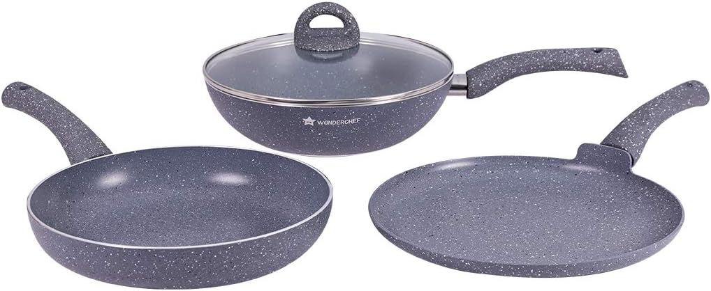 Wonderchef Granite Nonstick 4 Piece Cookware Set(Frying Pan with Lid, Wok, Dosa Tawa), Induction Bottom, Soft-Touch Handles, Pure Grade Aluminium, PFOA, 3.5mm, 2 Years Warranty (Grey)