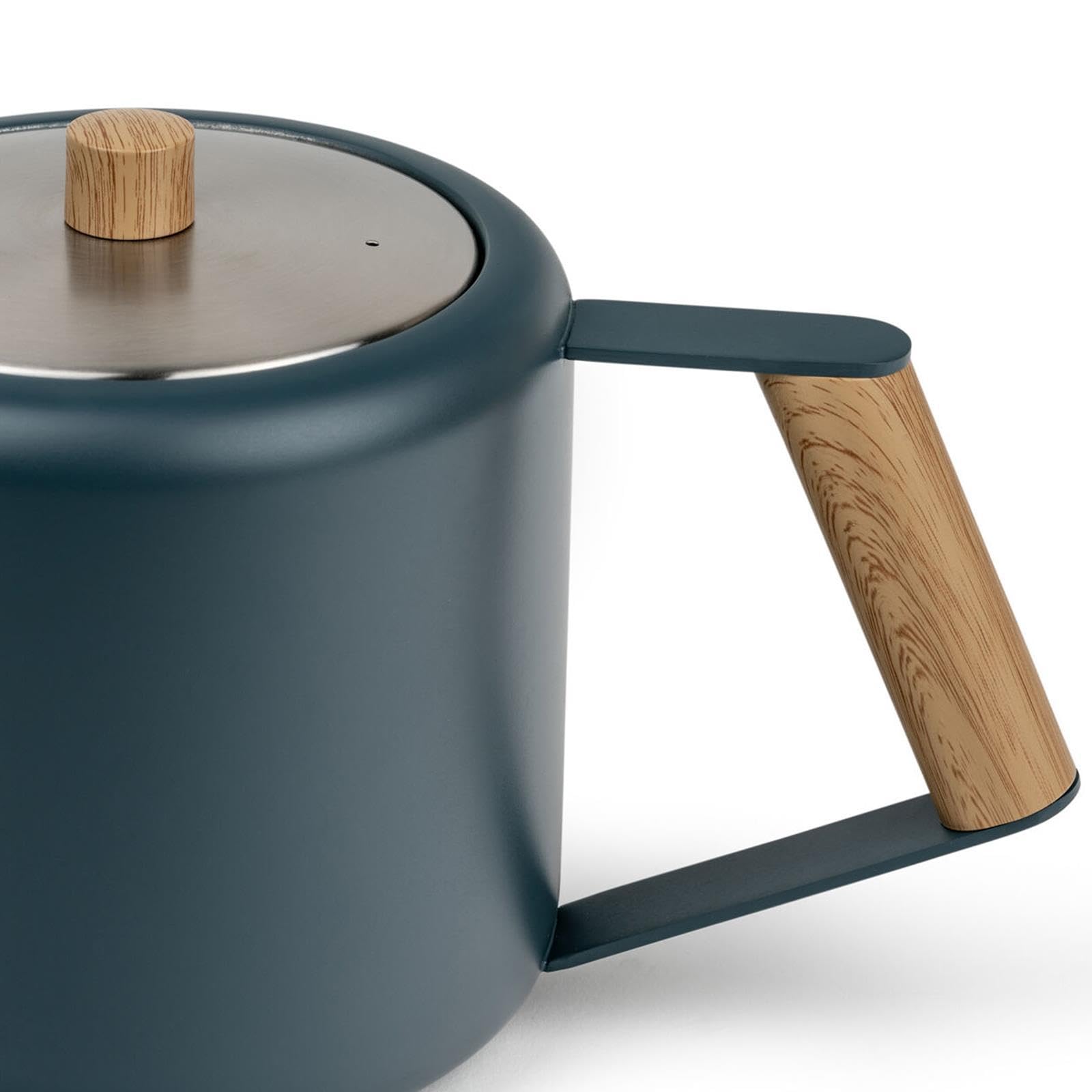 Bredemeijer blaue doppelwandige Teekanne 1.1 Liter aus Edelstahl - große isolierende Edelstahlkanne mit Teefilter-Sieb-Aufsatz & braunem Holzuntersetzer