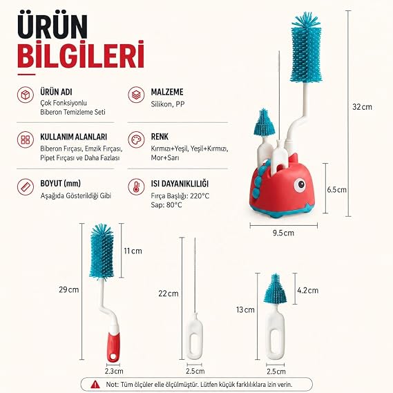 Valkyrie 3’lü Dinazor Biberon Temizleme Fırça Seti – Silikon Biberon, Emzik ve Pipet Fırçası Stantlı