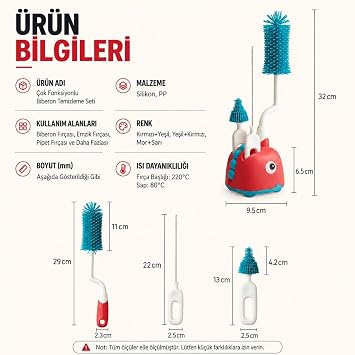 Valkyrie 3’lü Dinazor Biberon Temizleme Fırça Seti – Silikon Biberon, Emzik ve Pipet Fırçası Stantlı