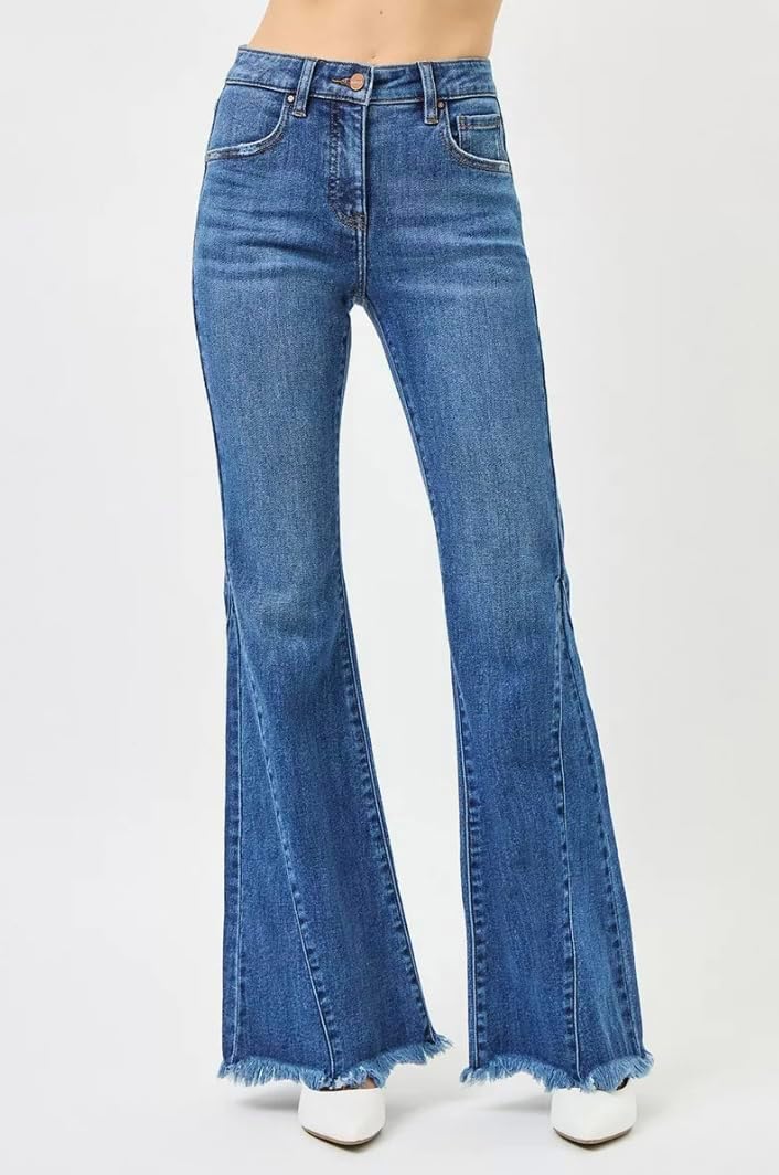 Risen Mid Rise Side Seam Detailed 33" Inseam Flare Jeans- Ivory Gem