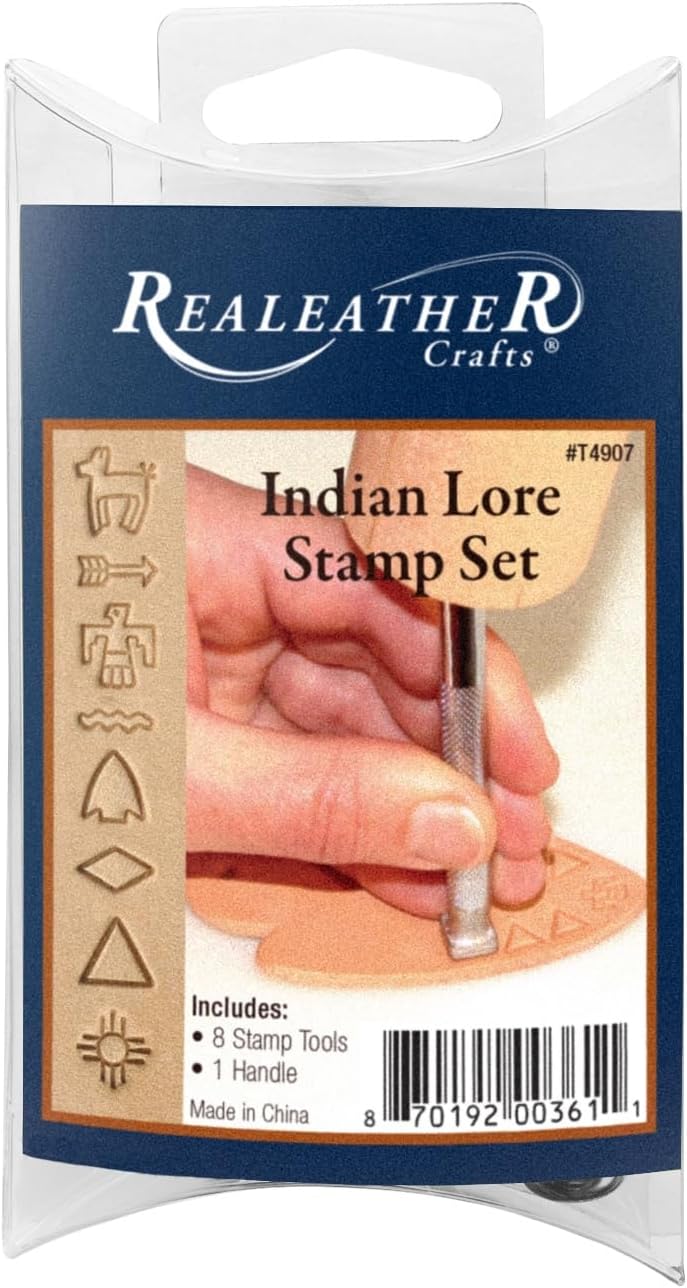 Realeather T4907 Leather Stamps Tool Set for Leather Crafting Indian Lore, <1/2", Chrome, 8-Stamp Heads