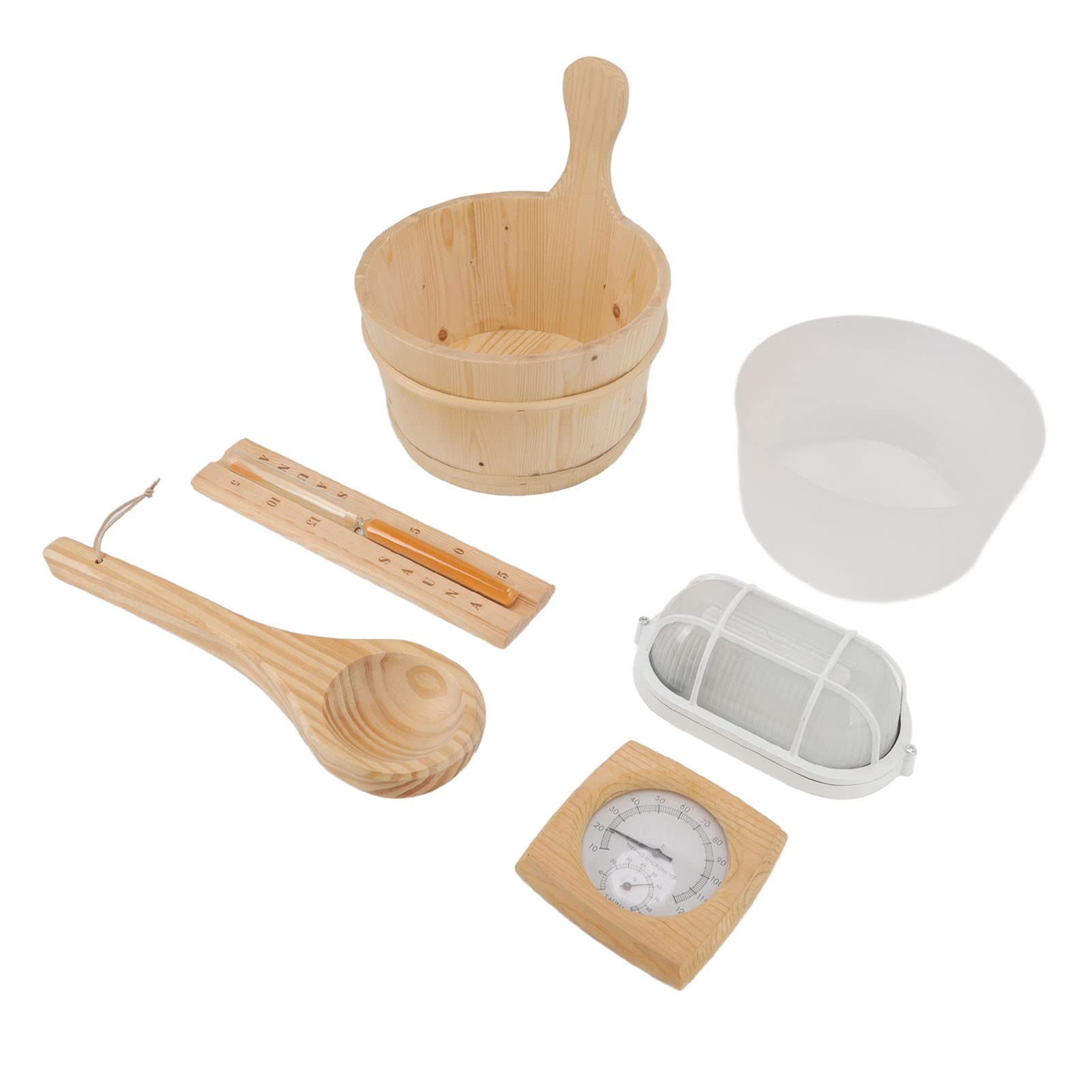 JAOCDOEN 4L Sauna Room Wooden Bucket Kit Bath Bucket Spoon Hygrothermograph Explosion Proof Lamp Hourglass Set with Liner