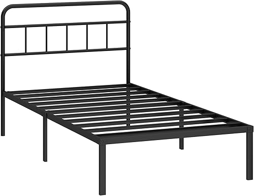 Miniatura 9 de Base de cama tamaño individual de 12 pulgadas con cabecera minimalista, base de plataforma de metal con listones de metal fuertes, base de colchón