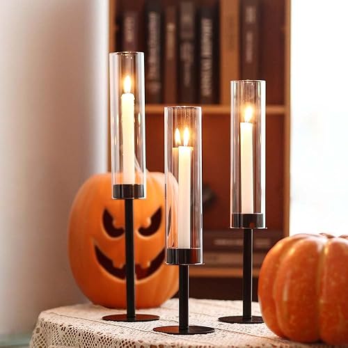 Miniatura 4 de Portavelas negros de 3 piezas, portavelas de huracán, portavelas cónicos con cubierta de vela de vidrio para decoración de mesa de boda, centro de