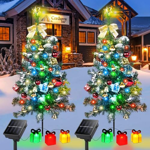 Kordain Solar Mini Christmas Tree Light Outdoor Decoration, 30 Inch Solar Tree Lights with 30 LED 8 Flashing Modes Decorated Prelit Gift Boxes & Ornaments for Pathway Patio Yard Garden Cemetery, 2PCS