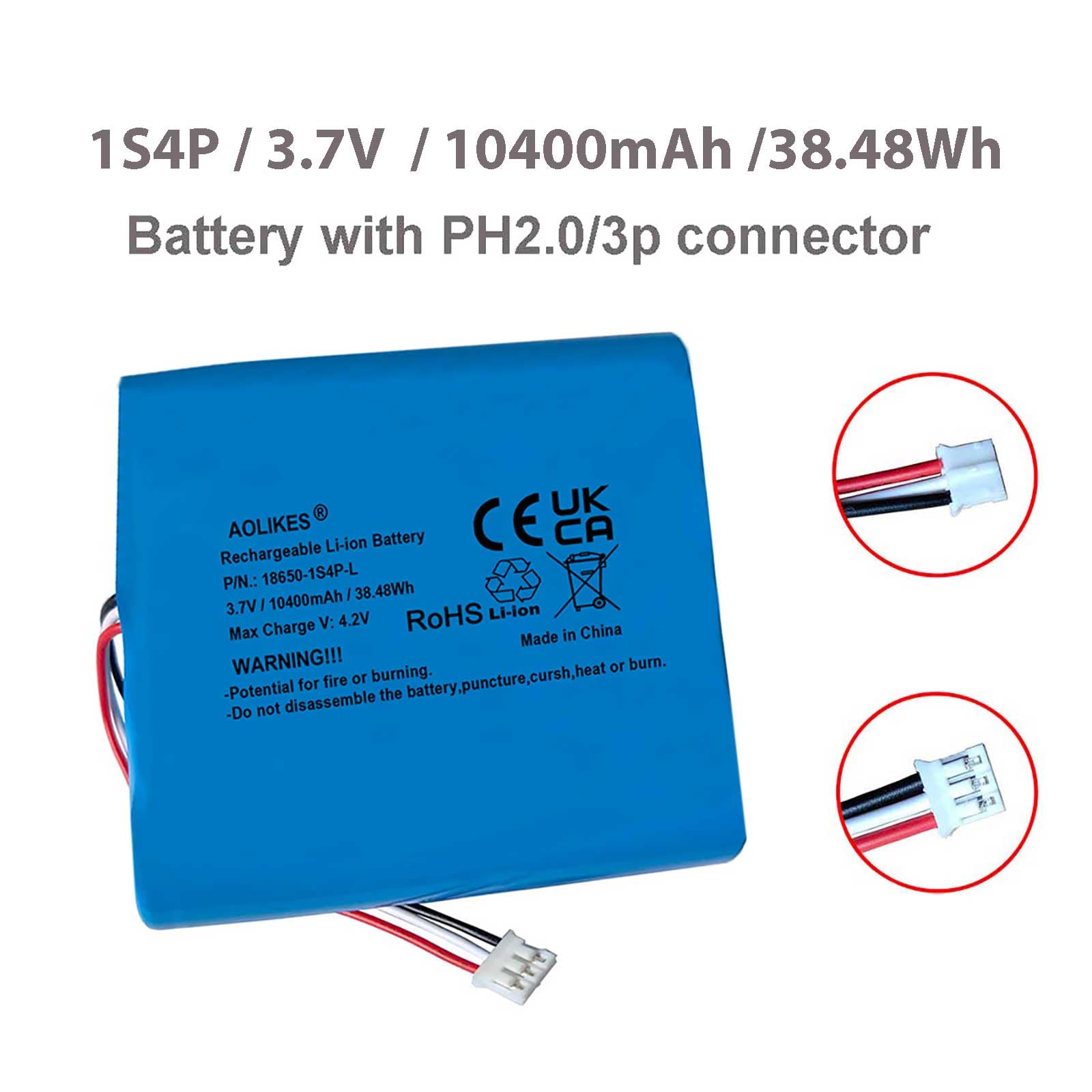 AOLIKES Batterie lithium-ion rechargeable 18650 1s3p 10400 mAh 7,4 V avec fiche PH2,0/3P / cellules 5C / Straight / prend en charge la charge rapide
