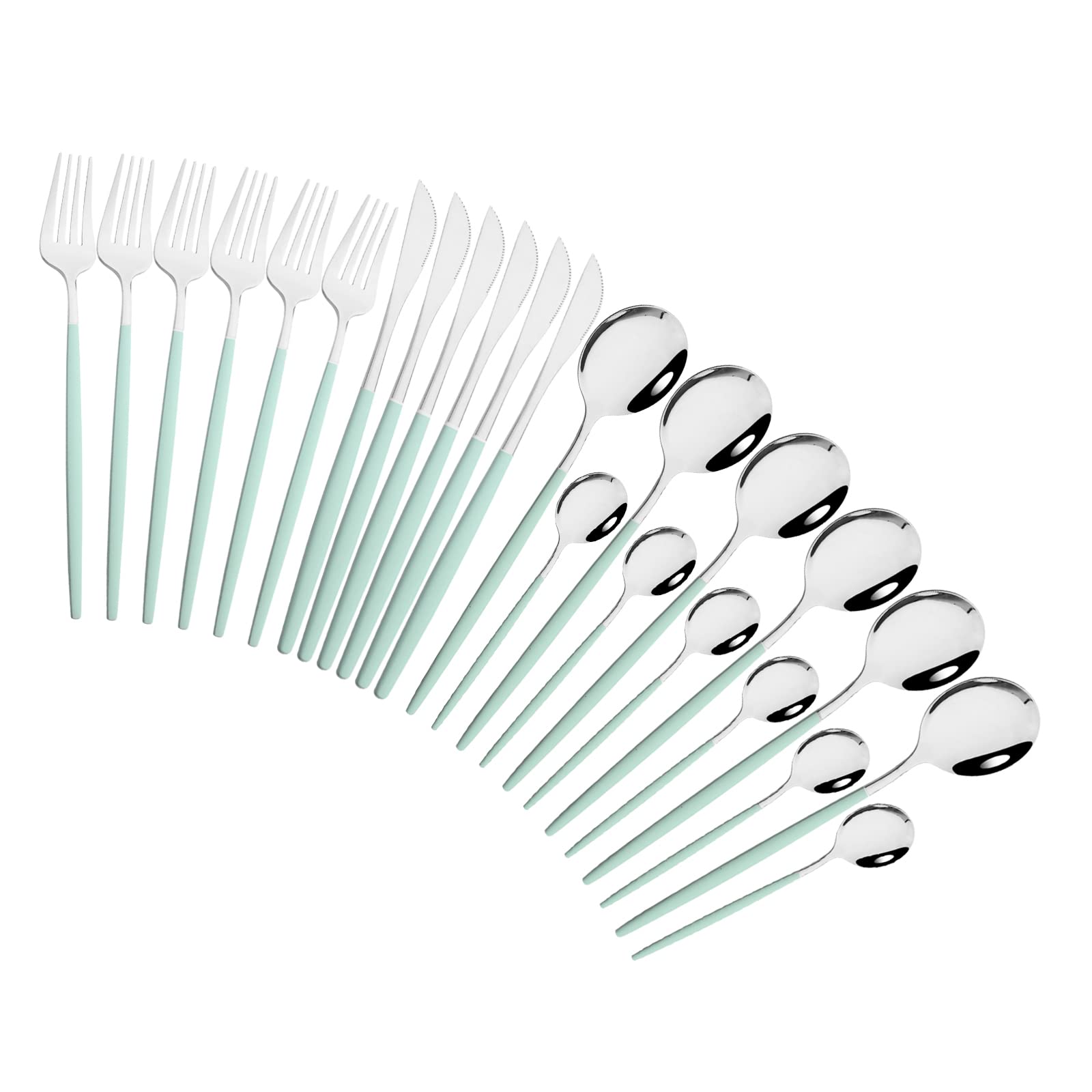 BRIIECFlatware Silverware Set 24 Piece Stainless Steel Cutlery Set Luxury Mint Green and Mirror Silver,Includes Fork Spoon Knife & Teaspoon, Service for 6 - Mint Green & Silver