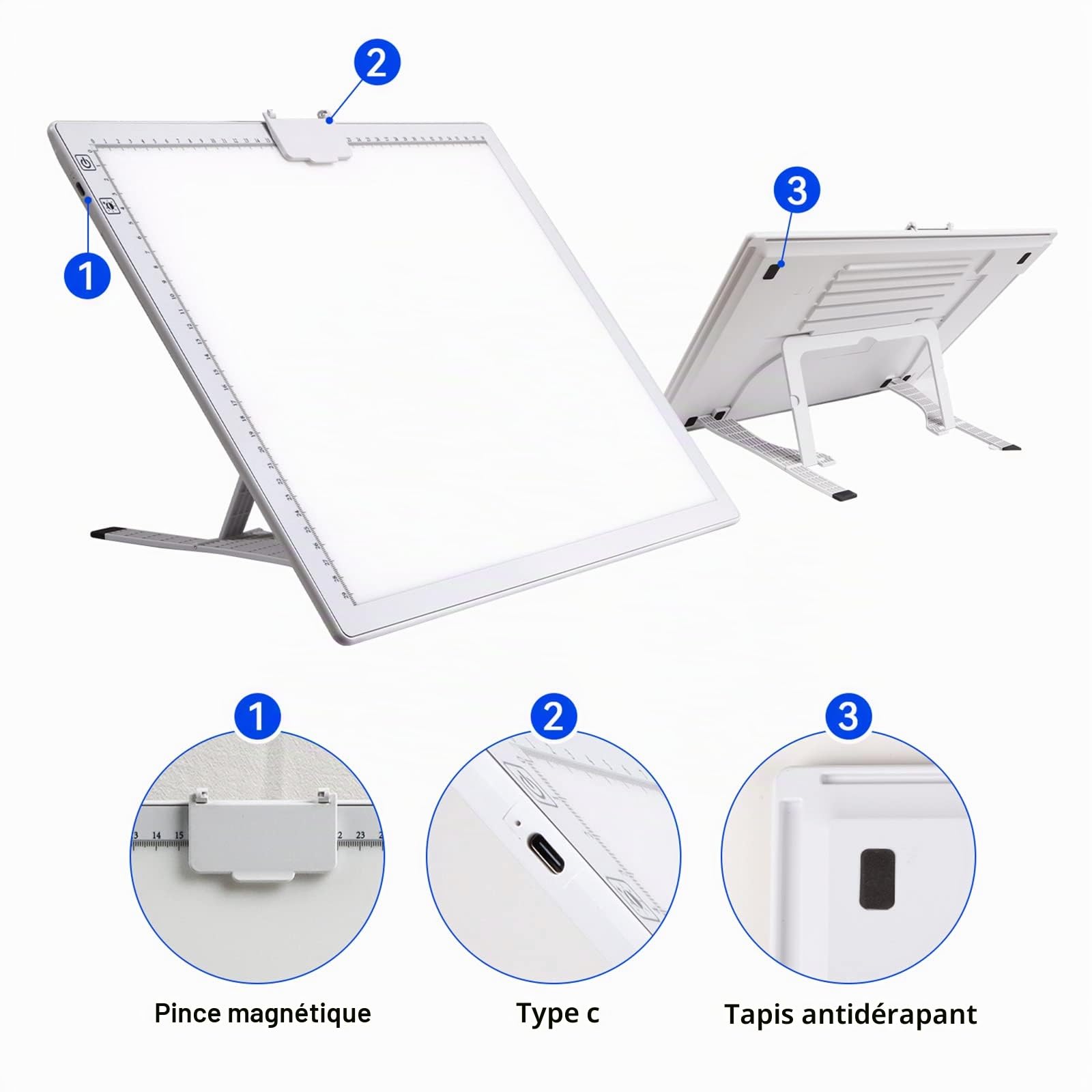 Table lumineuse A3, rechargeable à LED,3 couleurs,Intensité variable en continu et 6 niveaux de luminosité,Panneau lumineux à dessin, dessin, croquis