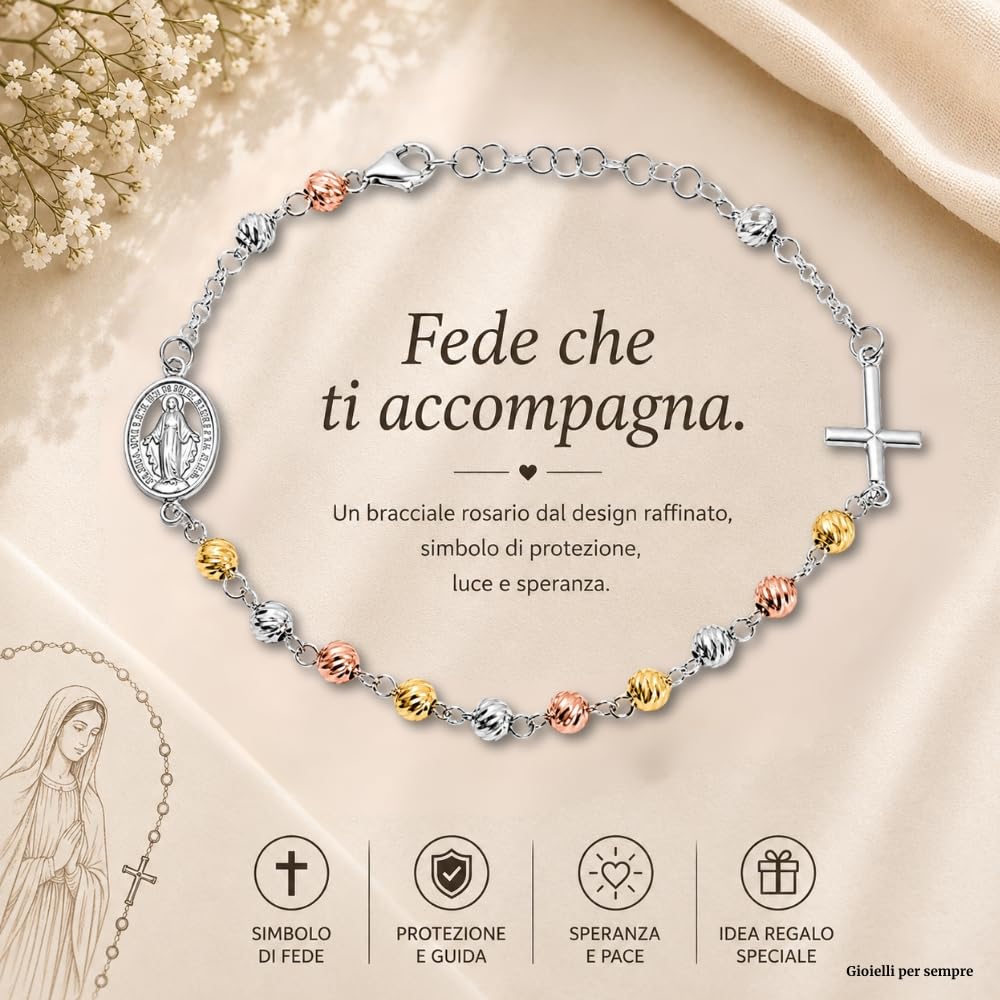 Bracciale Rosario Donna in Argento 925 con Grani Tre Colori Classico Dorato e Ramato – Simbolo Cattolico Cristiano di Fede Religioso – Braccialetto Elegante bcc1200b