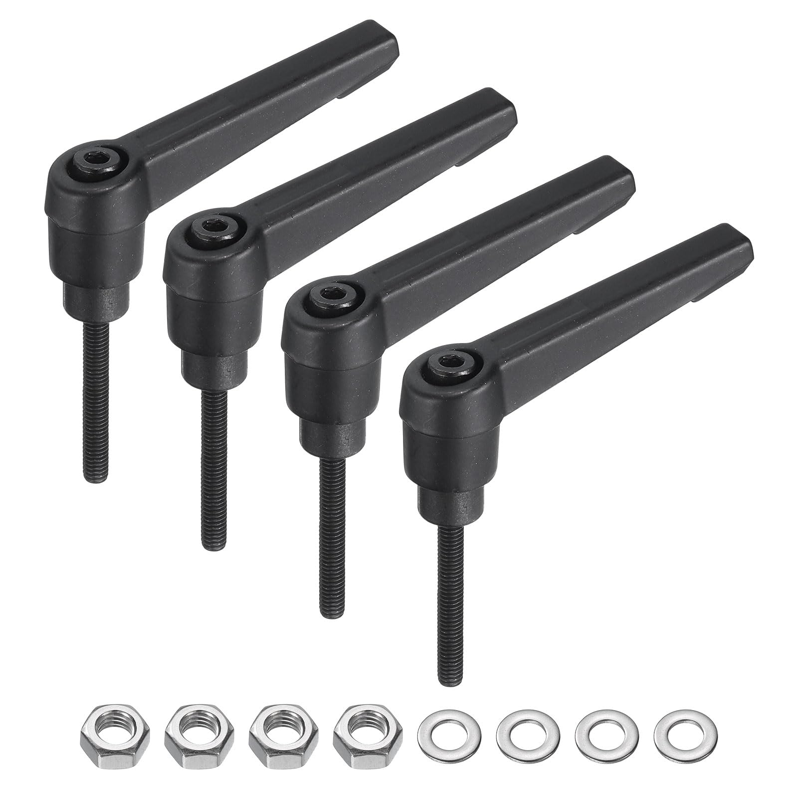 uxcell 4pcs Lever Adjustable Handles M4 x 32mm Metric Male Thread with Nuts Washers, Level Clamping Handle Set Hand Stud Knobs Rotating Screw Handles Bolts with Locking Lever, Black