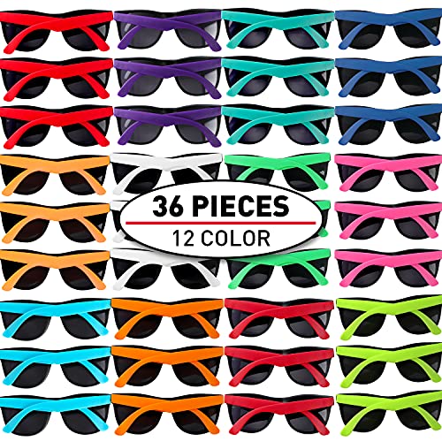 36 Pack 12 Colors Neon Party Sunglasses With Dark Lens,80's Style Perfect Colorful Novelty Sunglasses For Party Favors,Bulk Pool Party,Beach Party,Summer Party,Birthday Party,Goody Bag Fillers,for Boys Girls Teens adults