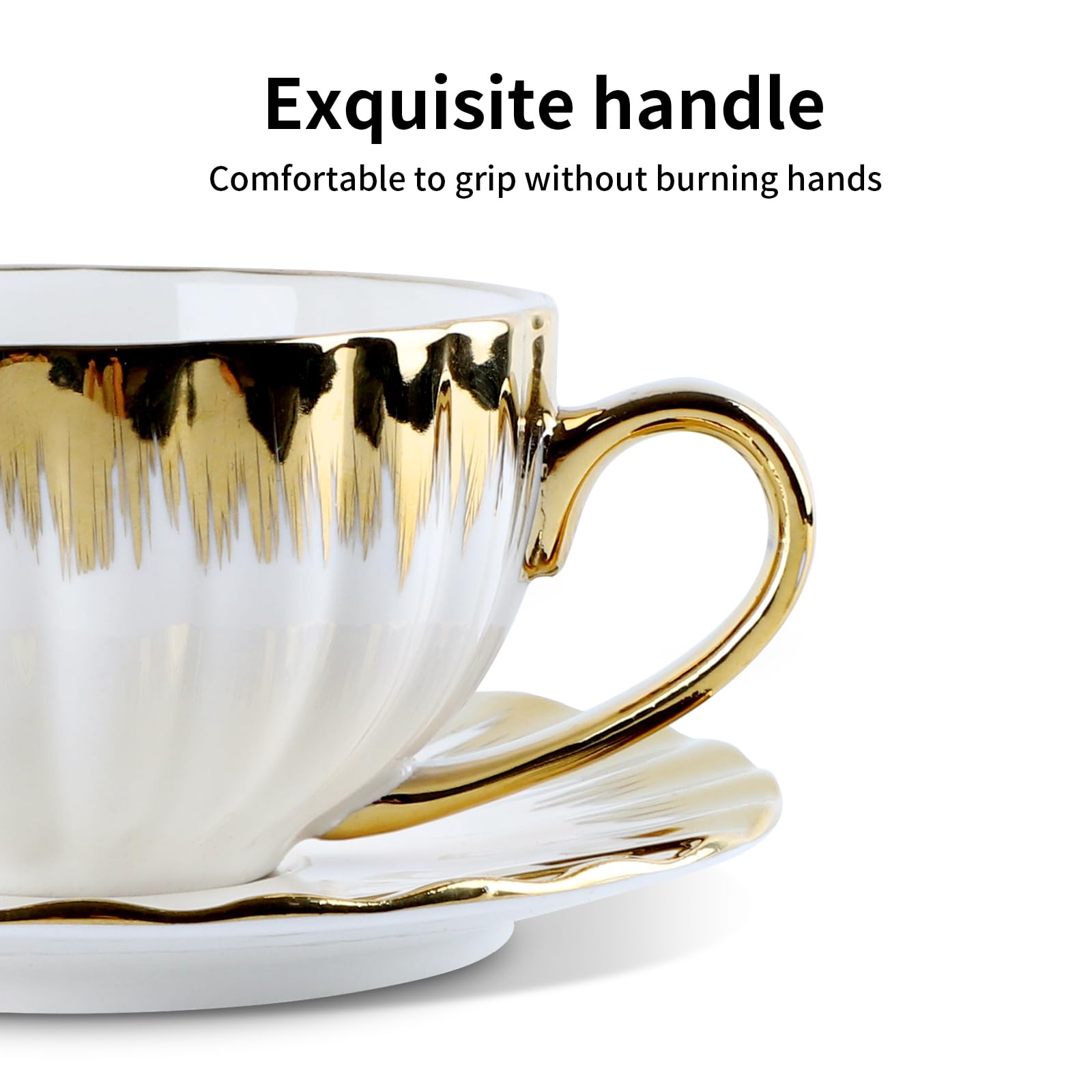 Teetassen und Untertassen, 6er Set (200 ml) mit Goldrand, Porzellan Cappuccino Tasse set, Mochatassen, Keramik Espressotasse, Kaffeeservice, Weiße Tasse