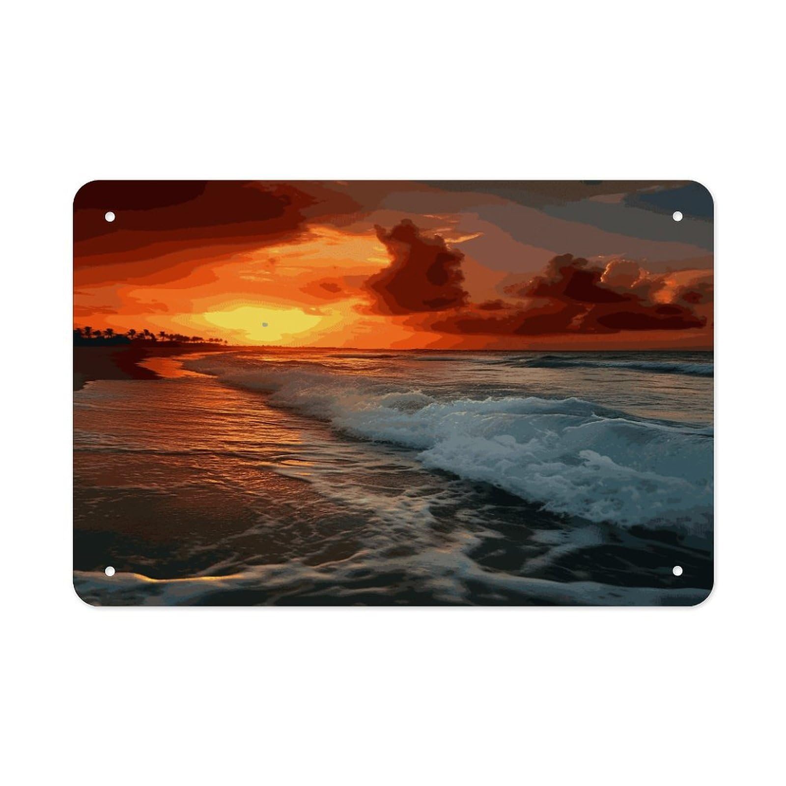 LDGSUPH The Beach Sunset Metal Tin Sign Wall Art Prints Folded Edge Iron Sheet Painting with Holes for Wall Prints Decorative Picture Metal Signboard Decor Painting Wall Decor