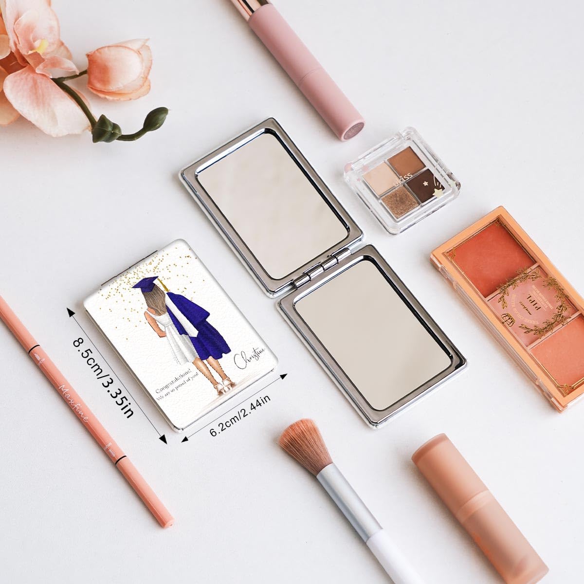 Portable Makeup Mirror, Mini Folding Rectangular Handheld Mirror Double Sided Magnifying Mirror, Campus Style Graduation Season Design, Lightweight and Compact for Travel and Various Occasions — view 3