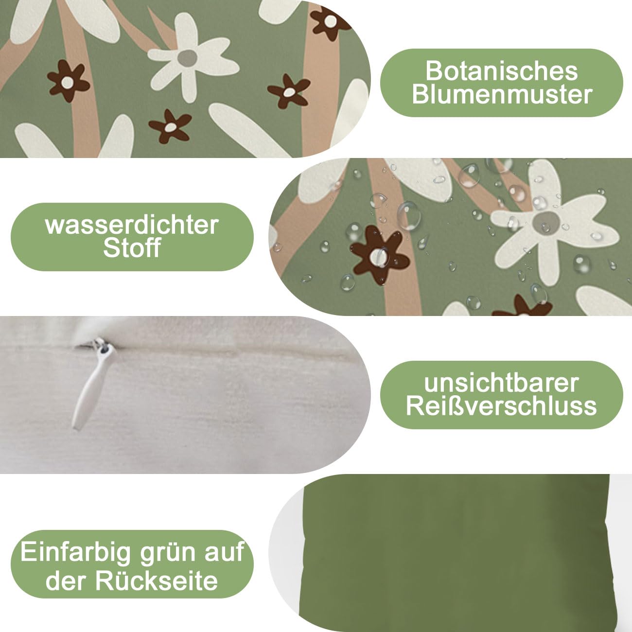 Set 2 45x45 cm Cuscini esterno Rivestimento resistente alle intemperie federa impermeabile divano impermeabili decorativi Motivo floreale botanico Giardino Balcone Cerniera invisibile Verde