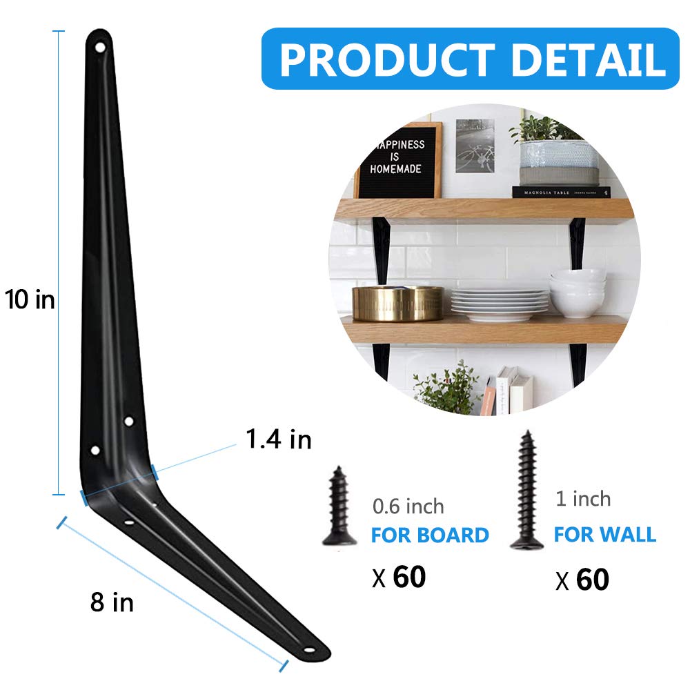 Storystore 10 Inch Black L Shelf Brackets - 10 Pack, Heavy Duty 90 Lb Capacity, For DIY Floating Shelves