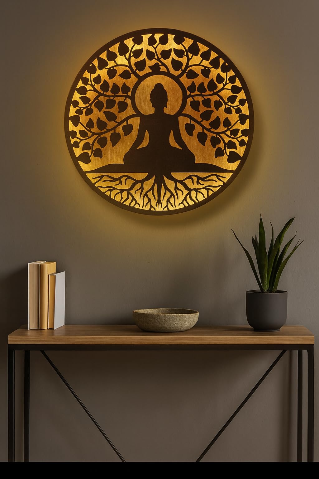 M.K Handicraft Buddha Metal Wall Art Backlit Buddha Metal 3D Wall Art 18 IN Wall Hanging with Led Backlight Decorative Showpiece - 45 cm (18 Inch/Gold) 1