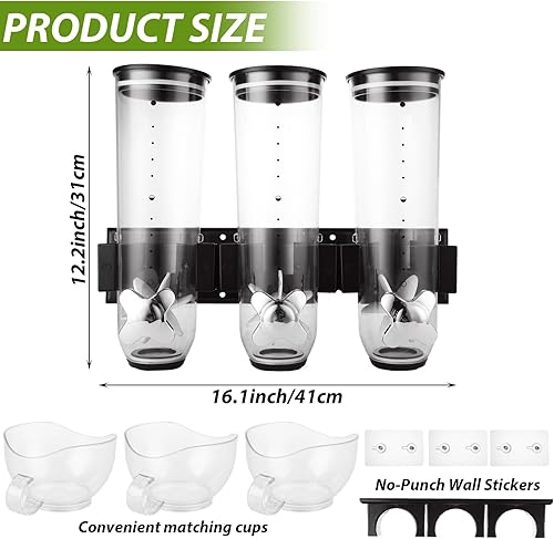 Miniatura 2 de Dispensador de cereales negro montado en la pared para despensa, dispensador de dulces montado en la pared con 3 tazas, dispensador triple de