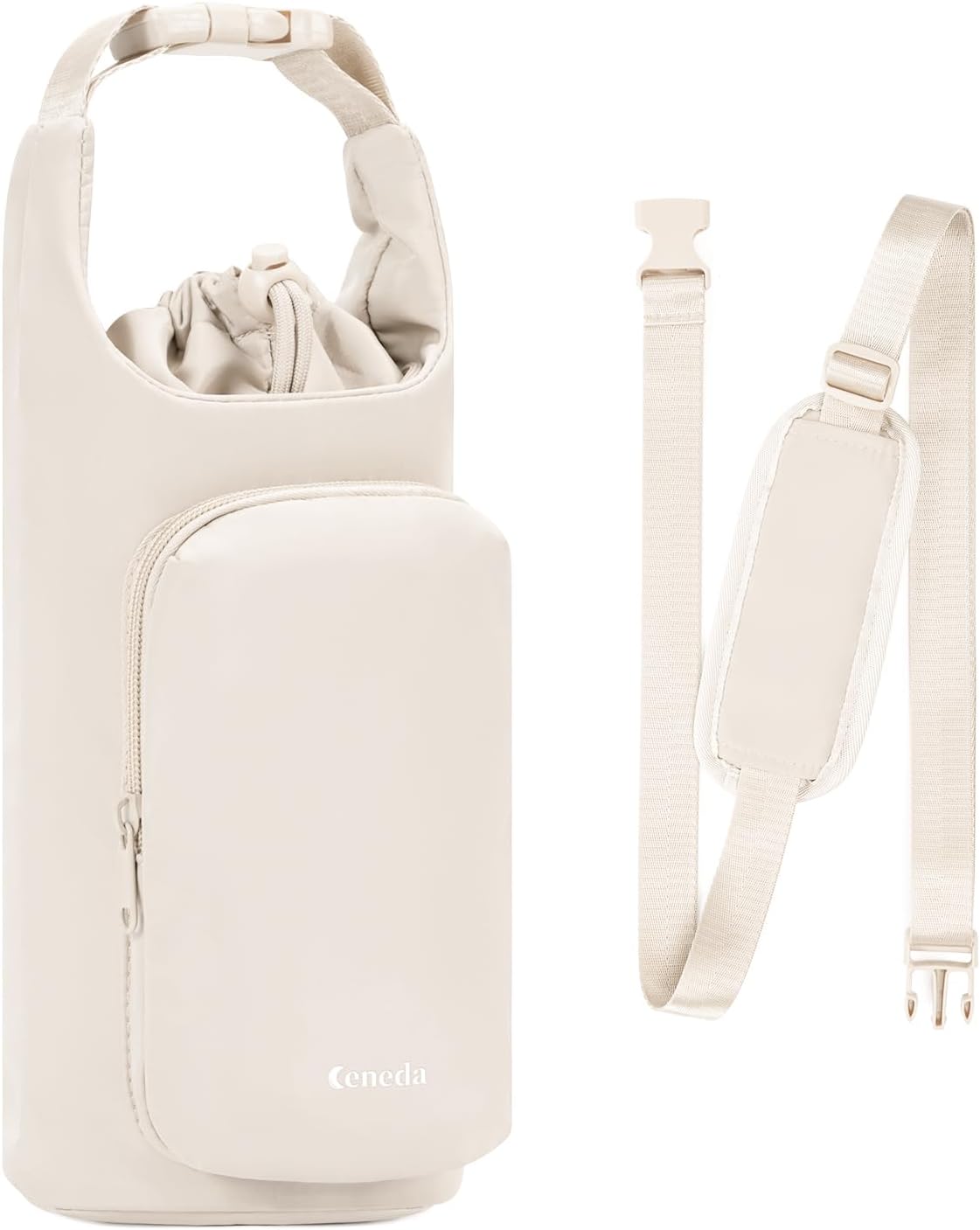 Ceneda Water Bottle Carrier Bag with Phone Pocket 32oz 40oz Tumbler Insulated Water Bottle Holder with Adjustable Shoulder Strap Carrier Sling Bag (Beige)