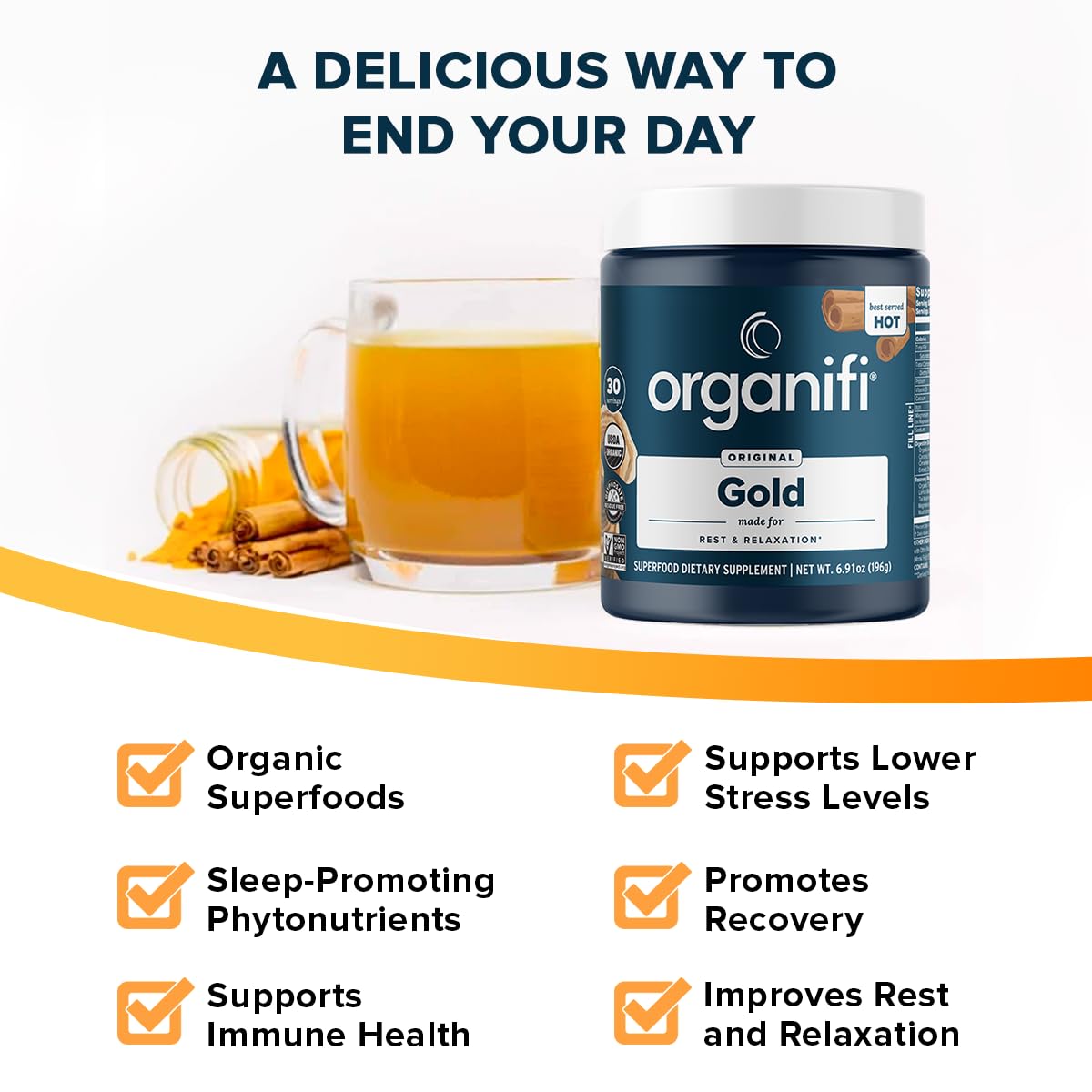 Organifi - Gold Turmeric Tea and Ginger Supplement - 9 Premium Superfoods Include, Magnesium, Coconut Milk, Ceylon Cinnamon, Reishi Mushroom, Black Pepper, Passion Flower, and Acacia, 30 Servings — Amazon image 4