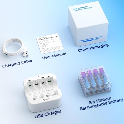 Miniatura 8 de Pallus Baterías de litio recargables AAA, paquete de 8 pilas AAA recargables de 1.5 V, pilas triple A  1100 mWh de alta capacidad y larga duración,