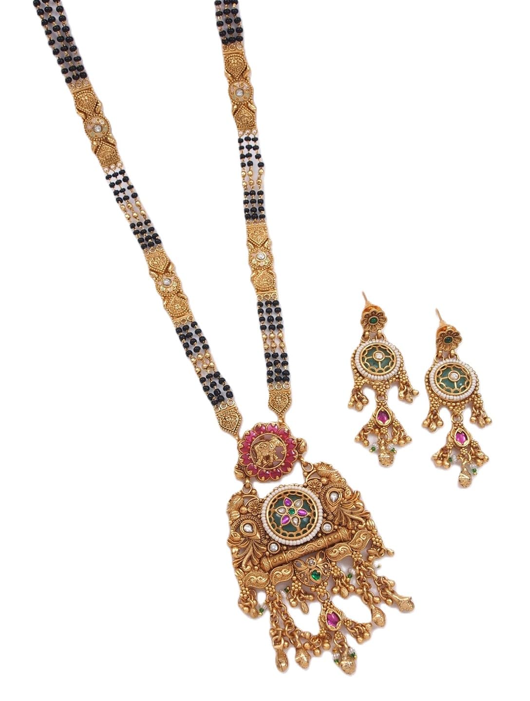 Women Gold Plated Black Bead Mangalsutra Set with Ruby & Emerald Coloured Stones-image-22
