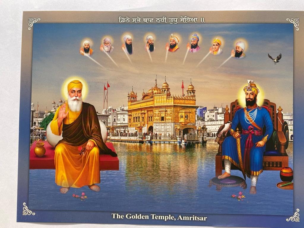 Sikh Gurus Das/Dus Guru photo poster Char Sahibzade Maa Gujri ji Chaar Sahibzaade Guru Gobind Singh Ji Photo Guru Nanak Dev Ji Photo Guru Sikh Photo Golden Temple Blue (18x14 inch)