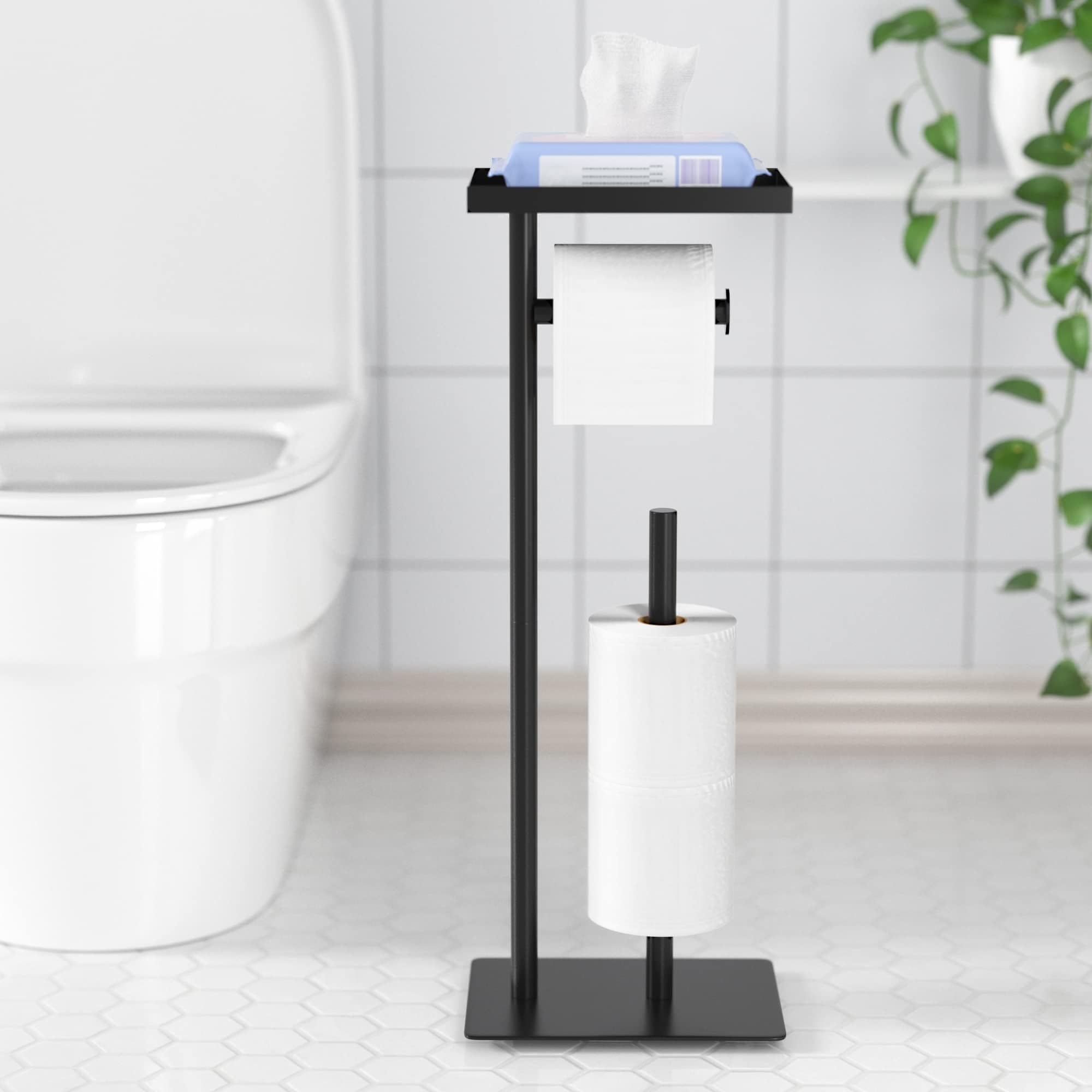 Toilet Paper Holder Stand with Top Storage Shelf, Floor Free Standing Toilet Paper Dispenser Storages 4 Reserve Rolls, Black