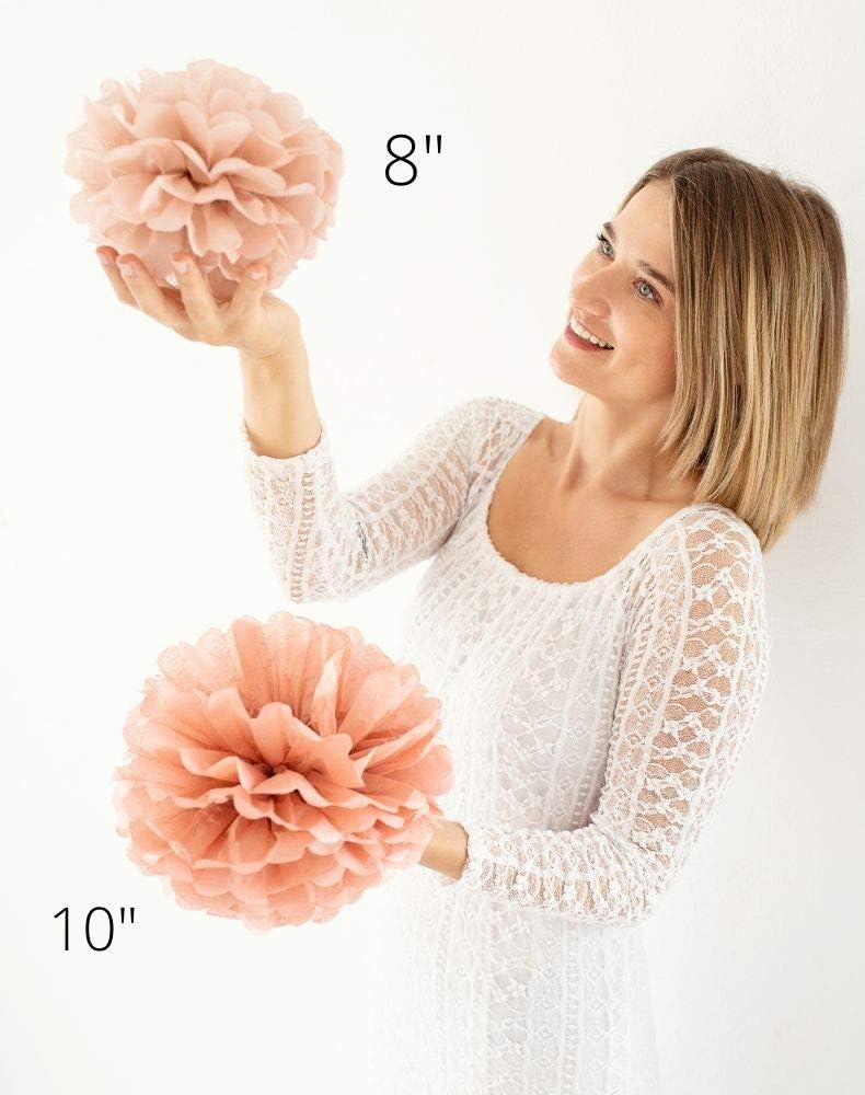 Vidal Crafts 20 Pcs Tissue Paper Pom Pom Kit, 14", 10", 8", 6" Paper Flowers for Wedding, Birthday, Baby Shower, Bachelorette Party, engagement party decor (Dusty Pink, Coral, Ivory, White)