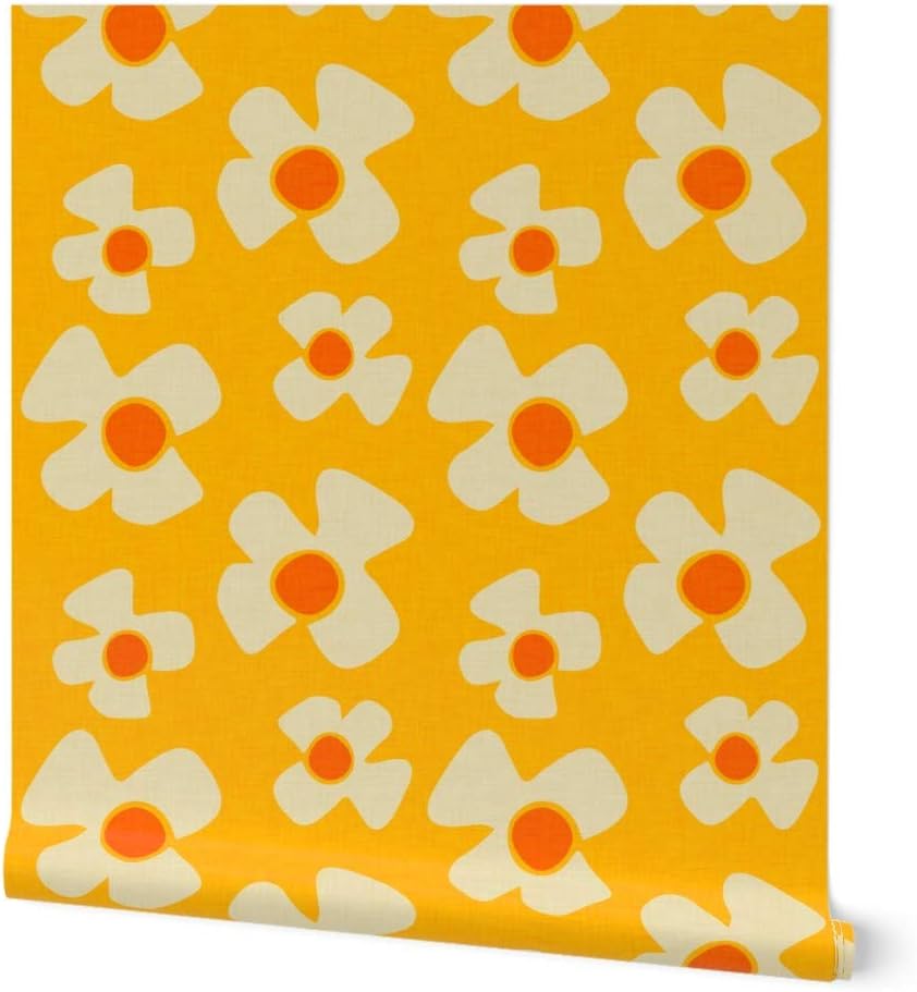 Peel & Stick Wallpaper 3ft x 2ft - Floral Daisy Yellow Flower Retro 70S 60S Mid Century Power Custom Removable Wallpaper by Spoonflower