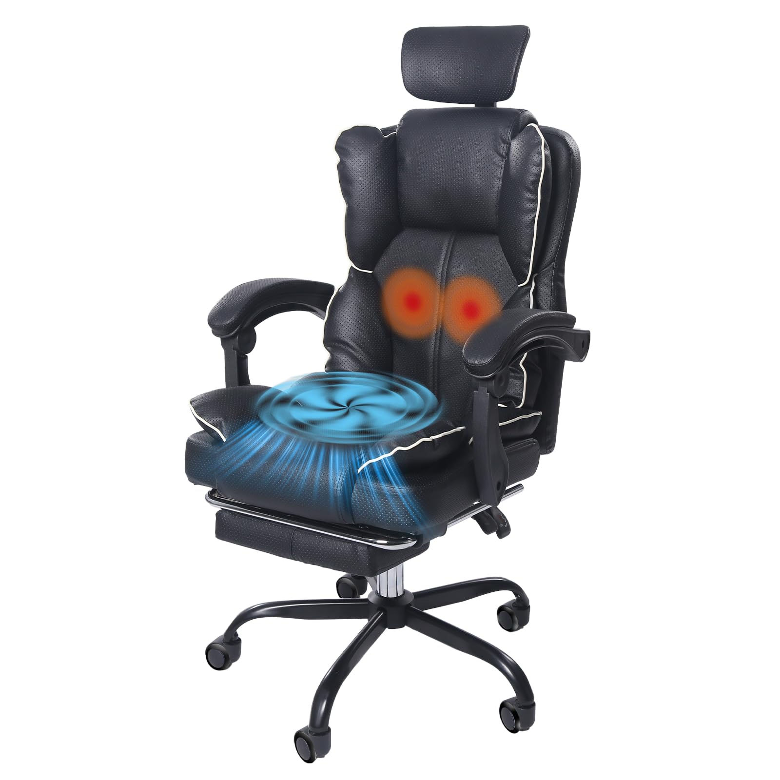 Ergonomischer Gaming‑Stuhl mit Ventilator, Luftkühler und Kühlung – Belüfteter Kühlsitz, Bürostuhl mit Liegefunktion, sanfte Vibrationsmassage, Chefstuhlmit mehrwinkliger Verstellung(Schwarz)