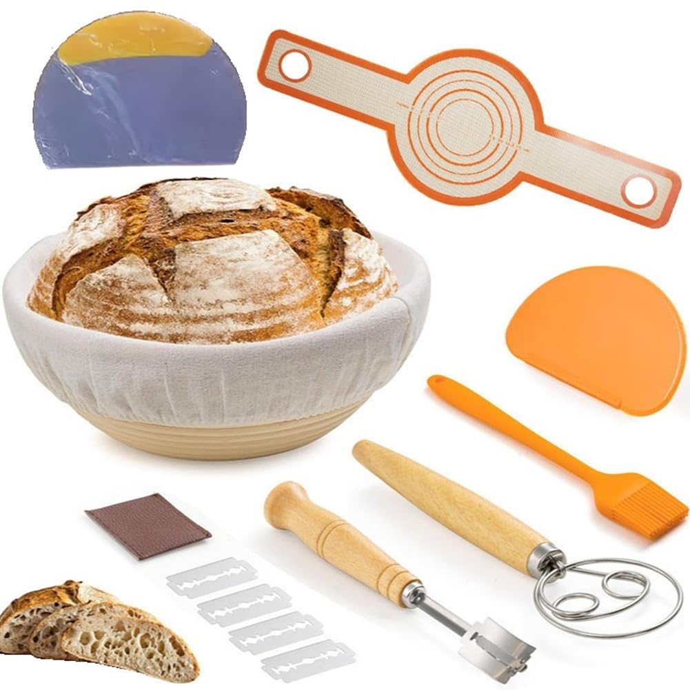 Panier de fermentation rond et kit de boulangerie avec couteau et batteur