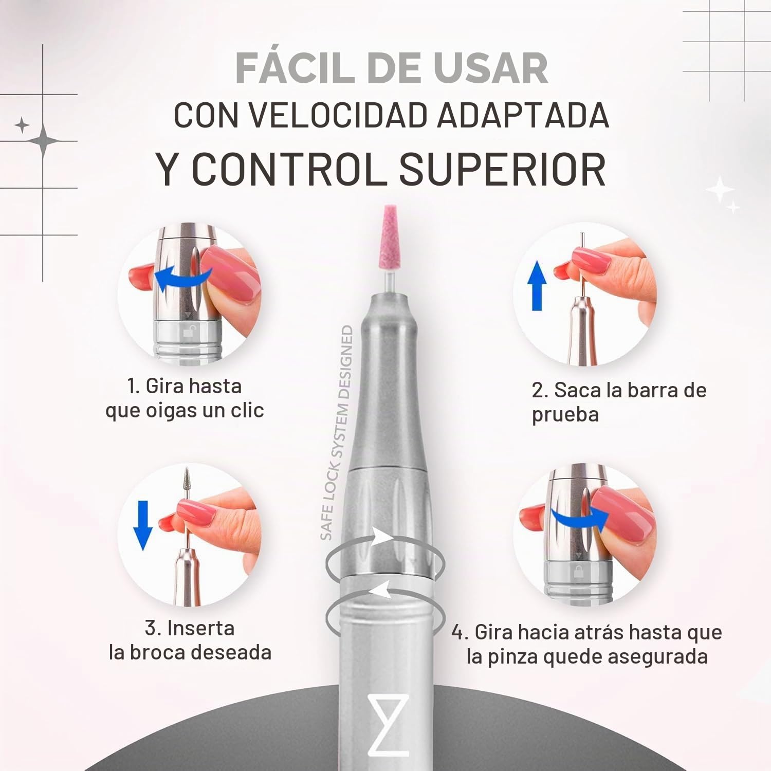 M Mase- Taladro de uñas profesional, sin núcleo, 2 en 1 (oro rosa)
