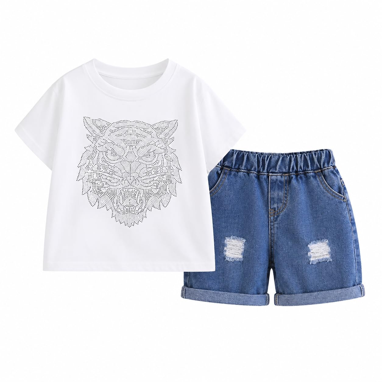 googo gaaga Kids Boys 100% Cotton Beaded Clothing Set | Stylish Half Sleeve White Cotton T-Shirt with Denim Shorts for Boys | Casual Outfit Set for Kids | Stylish Summer Outfit Set for Kids |-picture-23