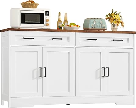 usikey 55" Buffet Cabinet with Storage and Drawers, Large Sideboard Buffet Cabinet with Adjustable Shelves and Doors, Modern Coffee Bar for Kitchen, Living Room, White