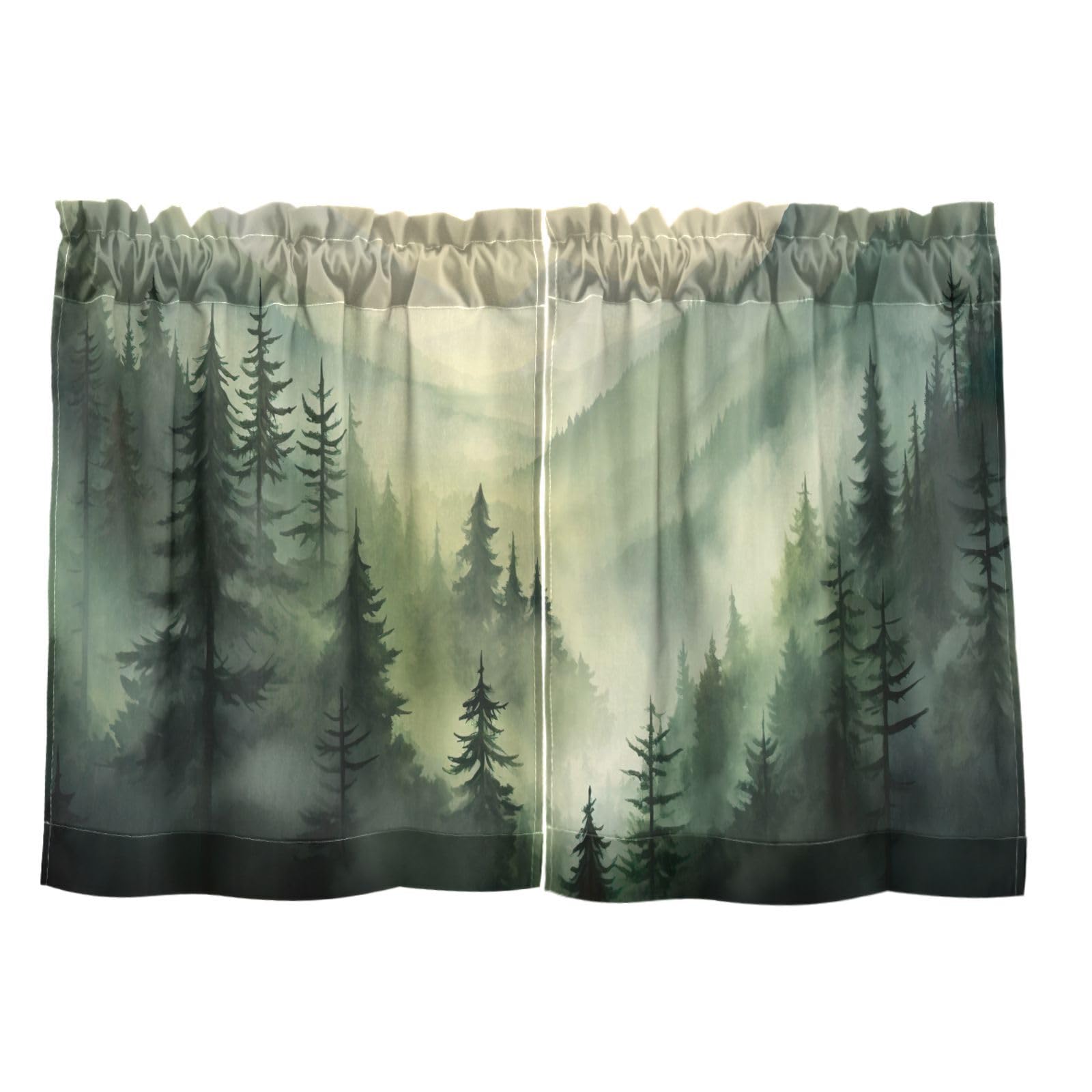 Flradish Mountain Forests Kitchen Curtains 24 Inch Length Blackout Thermal Insulating Tier Curtains with Rod Pockets Short Curtains Home Decor for Living Room/Bedroom