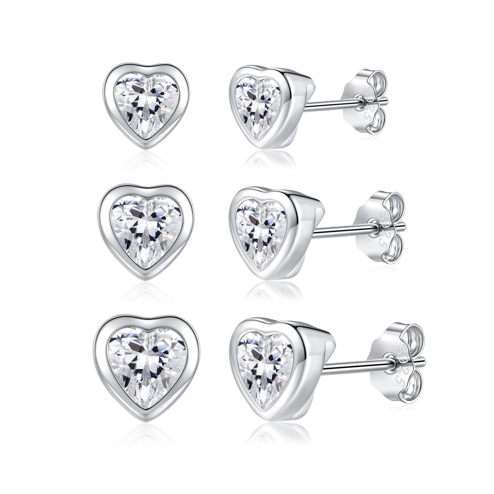 Josfeva Ohrringe Silber 925 Stecker, 3 Paare 925 Sterling Silber Ohrstecker Set für Damen Mädchen, Herz Rund Stern Zirkonia Ohrstecker Ohrringe, 4/5/6mm Schlafen Knorpel Ohrstecker mit Geschenk Box